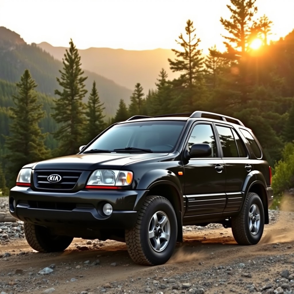 A 2002 black Kia Sportage in an off-road setting, showcasing its rugged features