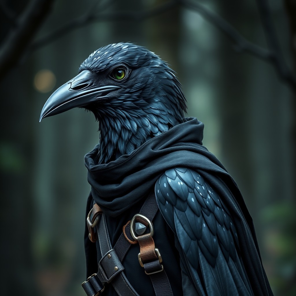 A slim, agile raven named Sebastian, with dark grey, almost black feathers that are speckled with subtle white flecks, resembling ash on embers