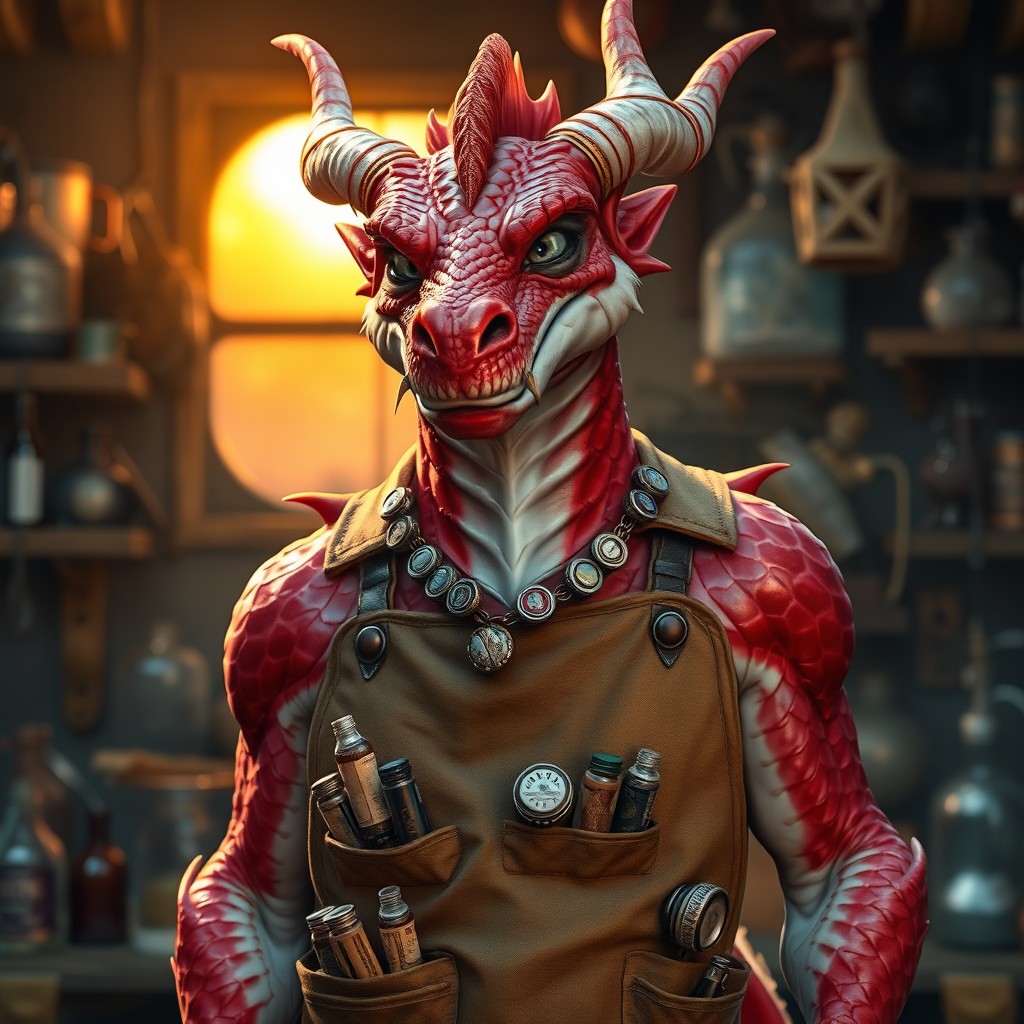A dragonborn character with shiny red and white scales that shimmer under the sun, reflecting a mellow, beer-like glow at sunset