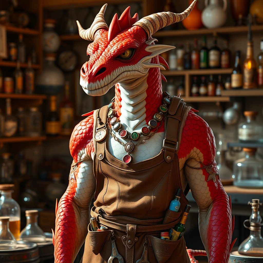 A dragonborn character with shiny red and white scales that shimmer in the sunlight, reflecting a mellow beer-like glow at sunset