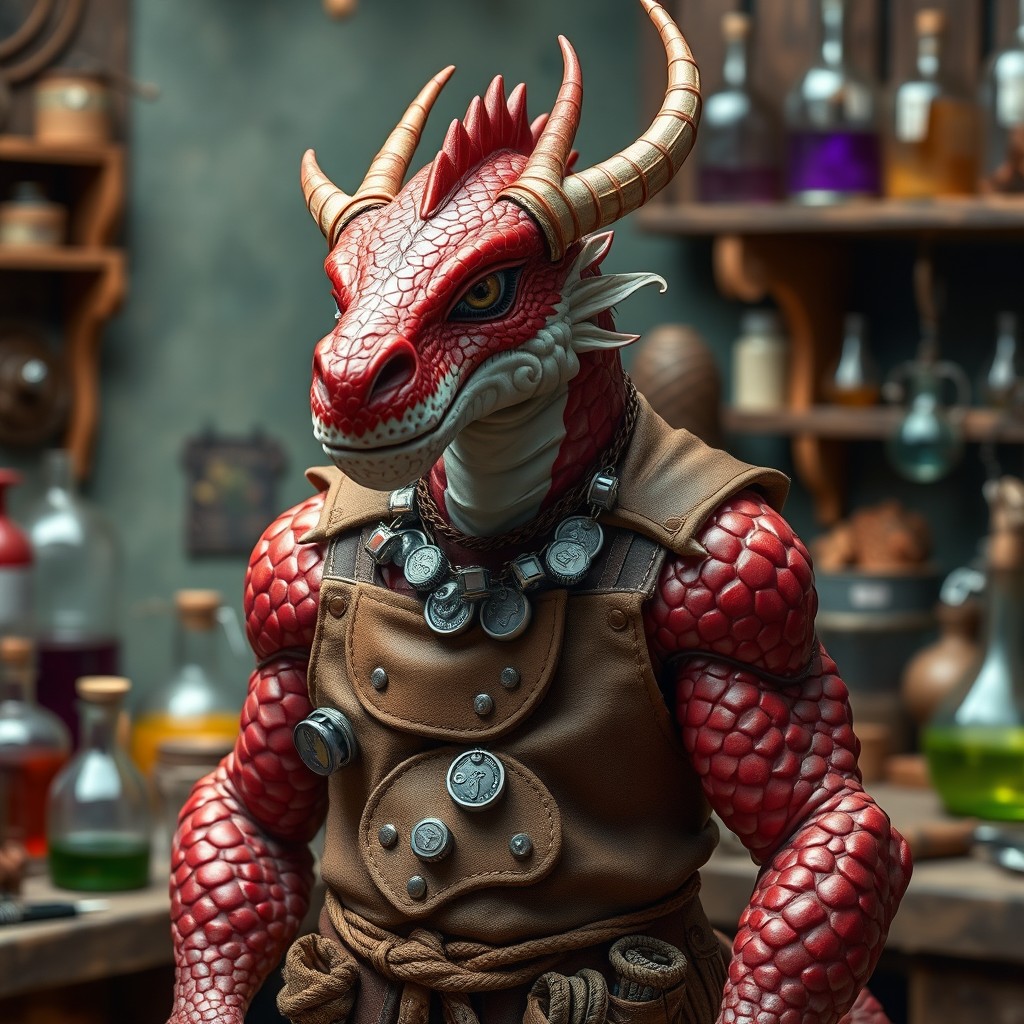 A dragonborn character with shiny red and white scales