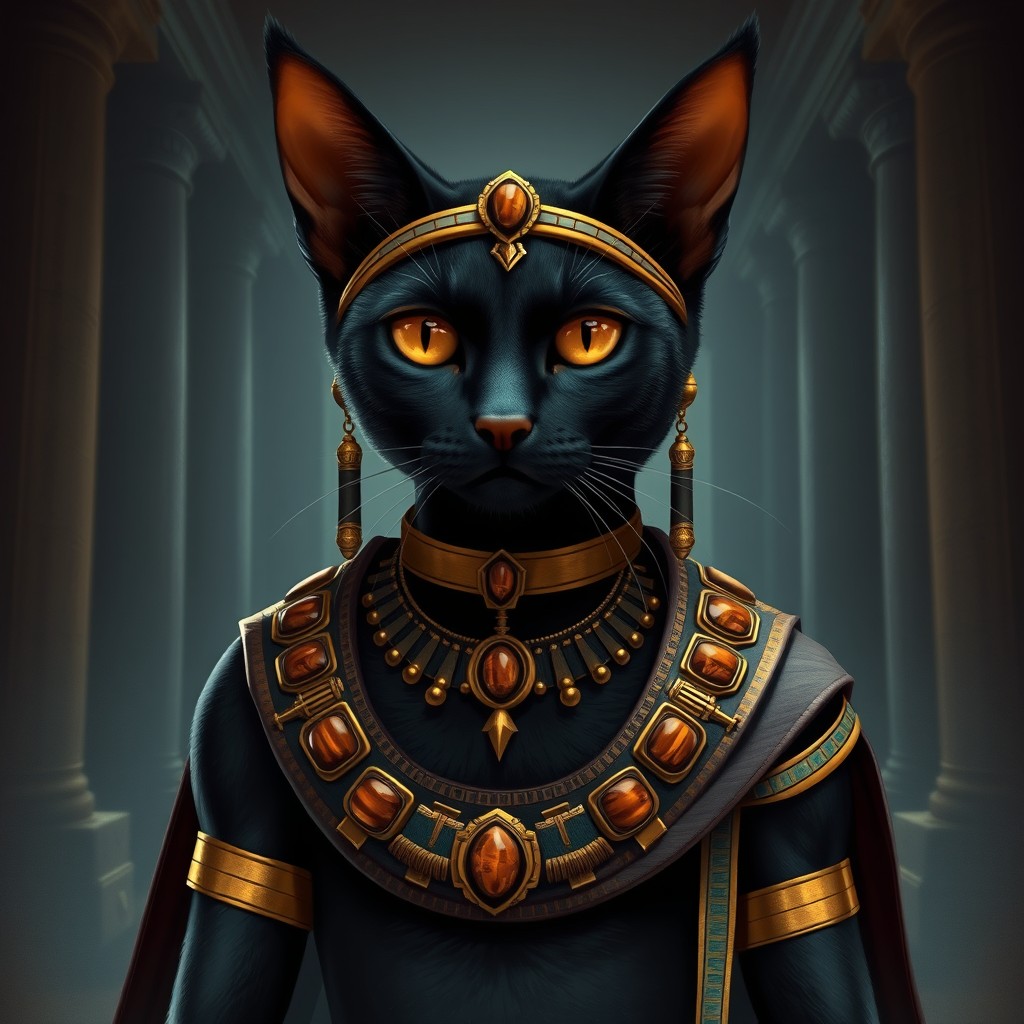 An anthropomorphic black cat dressed in ancient Egyptian garments, adorned with golden jewelry and tiger's eye accents