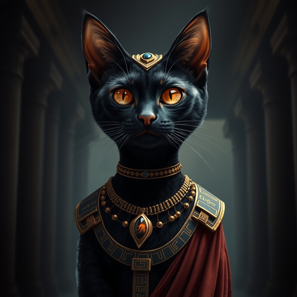 A beautiful anthropomorphic black cat adorned in ancient Egyptian attire, embellished with golden jewelry and tiger's eye accents