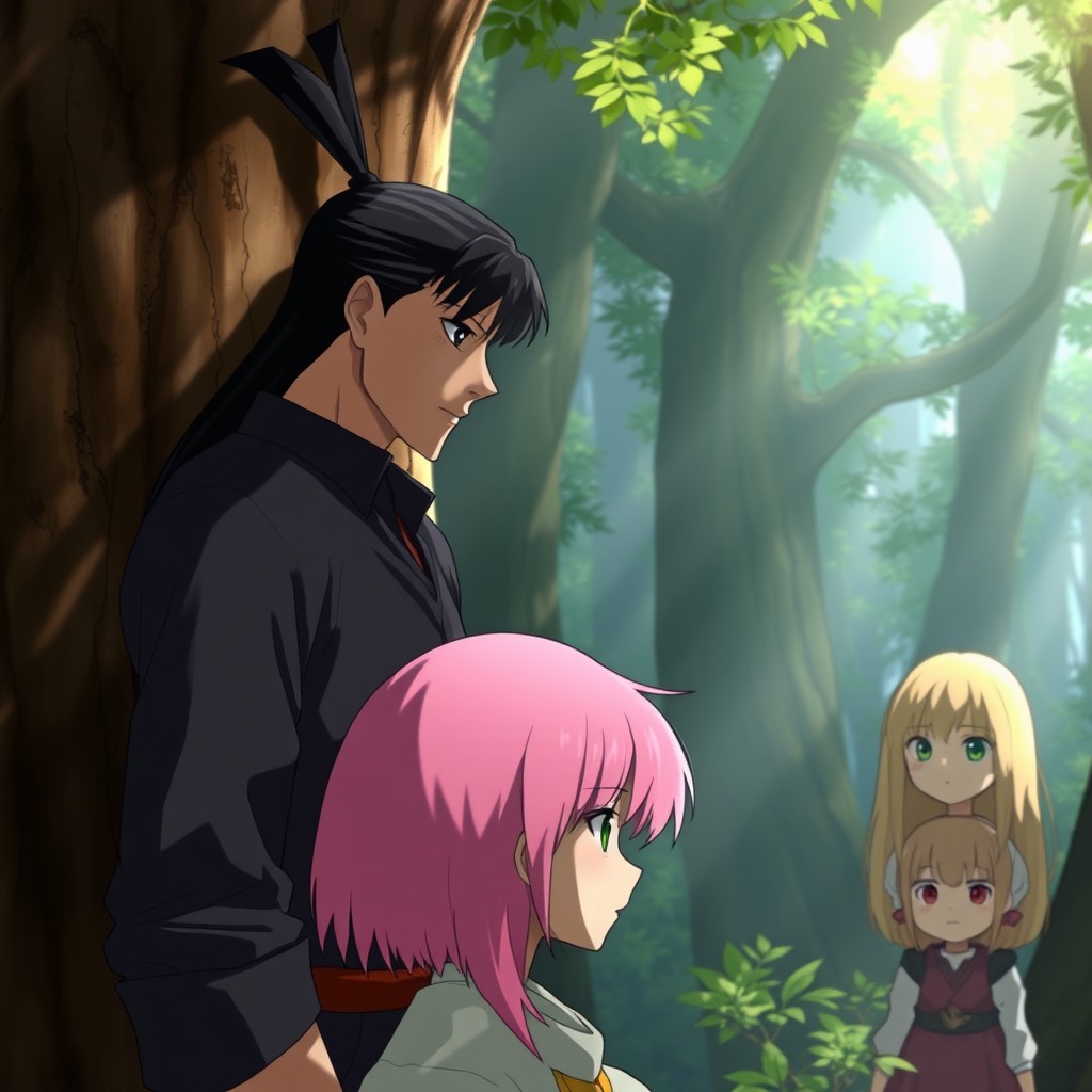 A tall man with long black hair tied in a high ponytail stands leaning against a tree, gazing intently into the eyes of a girl with pink hair