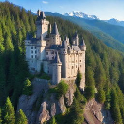 A grand castle majestically perched on the edge of a steep cliff, enveloped by a vast, dense forest of towering pine trees.