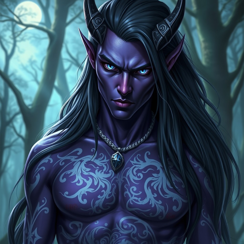 A fearsome male Night Elf with dark purple skin, showcasing a striking contrast with his dark, piercing eyes and stunning platinum-colored eyes