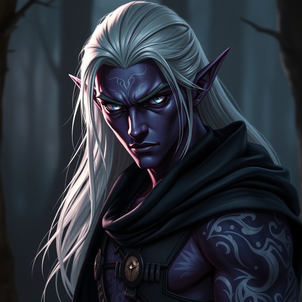A fearsome male Night Elf with dark purple skin and striking silver eyes, as well as captivating platinum highlights in his eyes