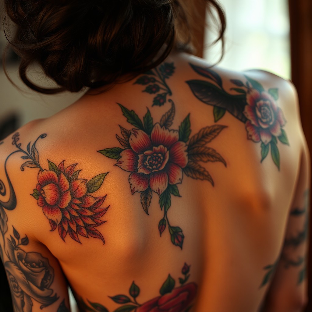 A close-up shot of a beautifully tattooed backside, featuring vibrant and intricate tattoos that blend artistic elements with the natural curves of the body