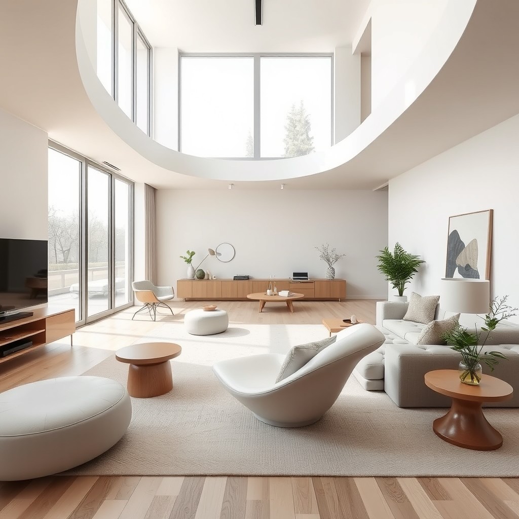 A modern studio apartment inspired by the 'La Chaise' concept, featuring an open and elegant design with organic, flowing shapes