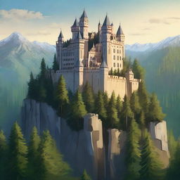 A grand castle majestically perched on the edge of a steep cliff, enveloped by a vast, dense forest of towering pine trees.