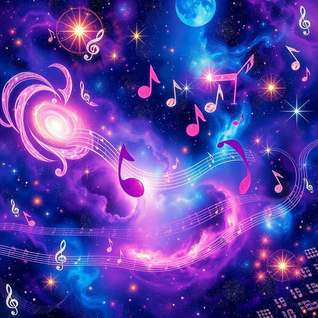 A stunning and vibrant galactic background filled with swirling galaxies, stars, and nebulae, featuring a variety of musical symbols like treble clefs, notes, and staffs delicately integrated into the cosmic scenery