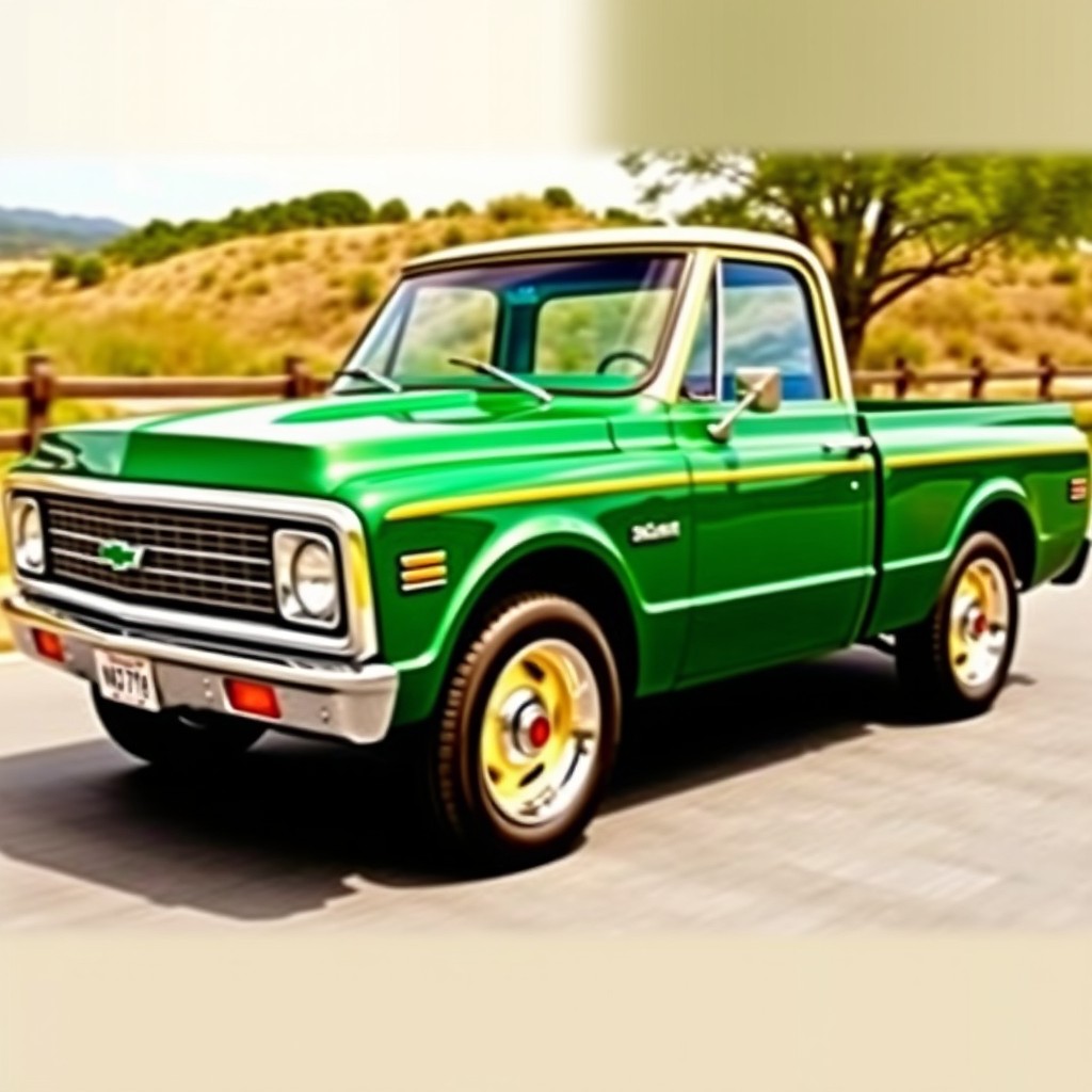A 1970 Chevrolet C10 truck in British racing green color with a cream-colored roof