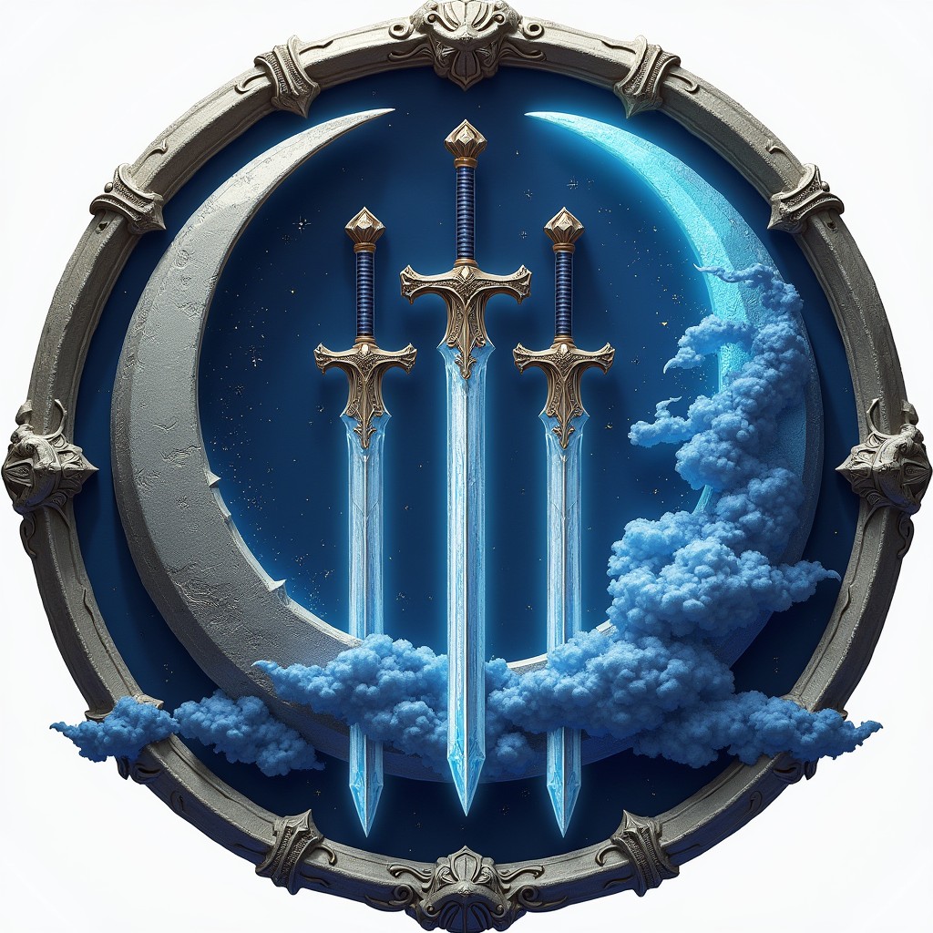 A stunning emblem representing the mythical 'espadachim da lua', featuring an intricate crescent moon backdrop intertwined with elegant sword designs