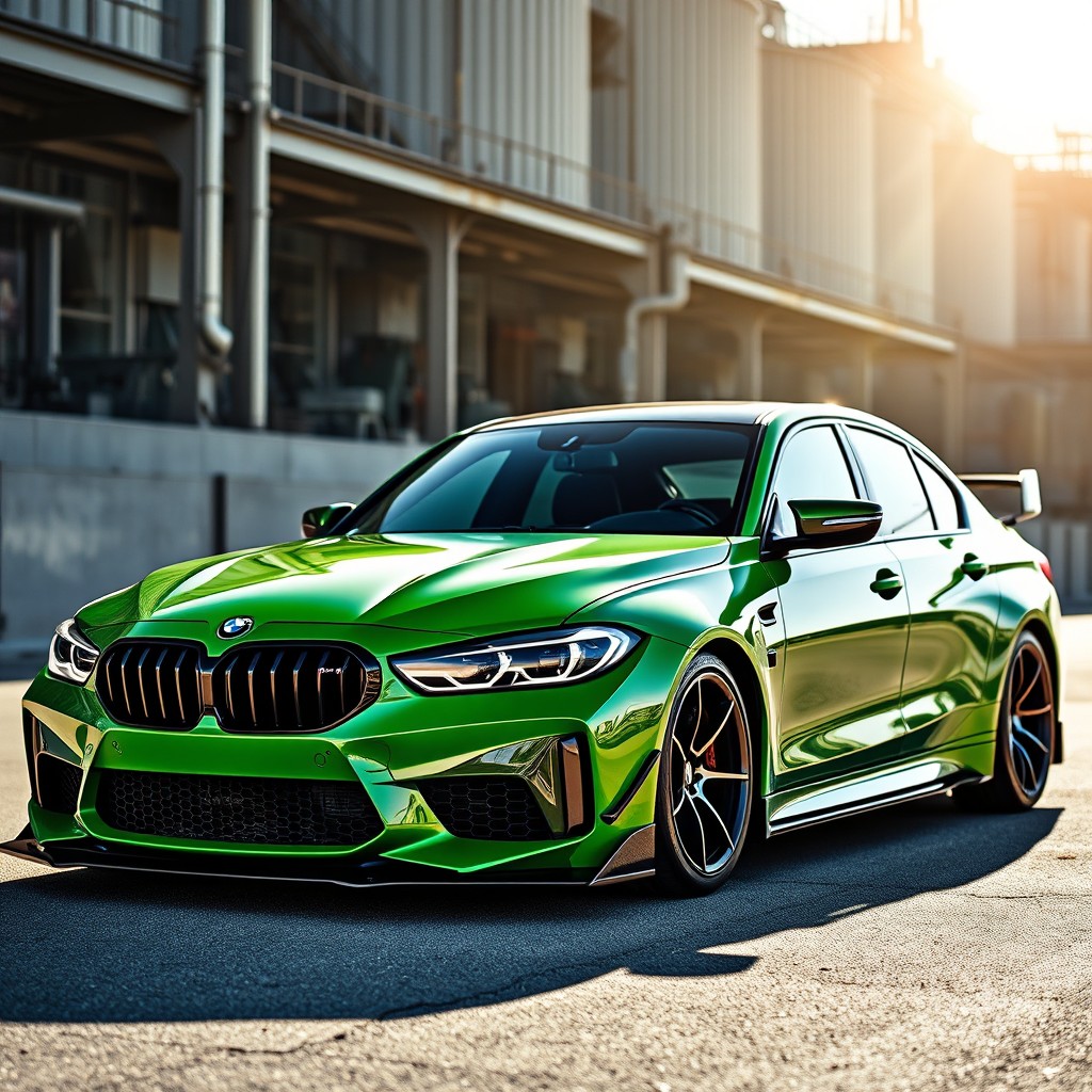 A striking green BMW M3 Competition 2025 featuring a Liberty Walk body kit, emphasizing its aggressive styling with wide fenders and a sporty stance