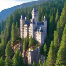 A grand castle majestically perched on the edge of a steep cliff, enveloped by a vast, dense forest of towering pine trees.