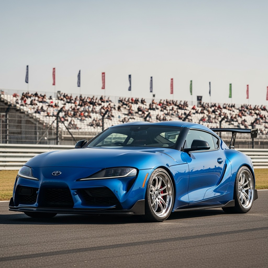 A stunning blue Toyota Supra equipped with a Bomex body kit, showcasing its sleek and aerodynamic design