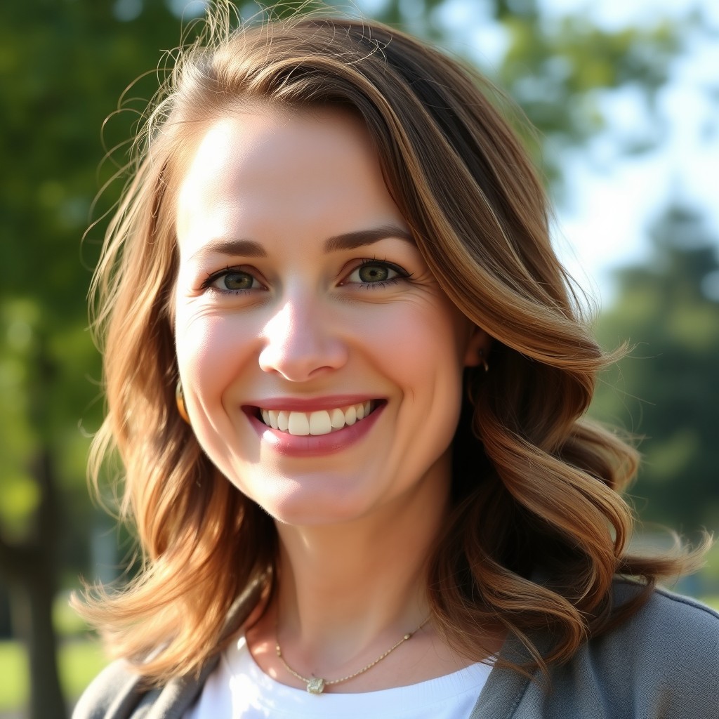 A portrait of a confident 39-year-old woman with a radiant smile, showcasing her natural beauty and character