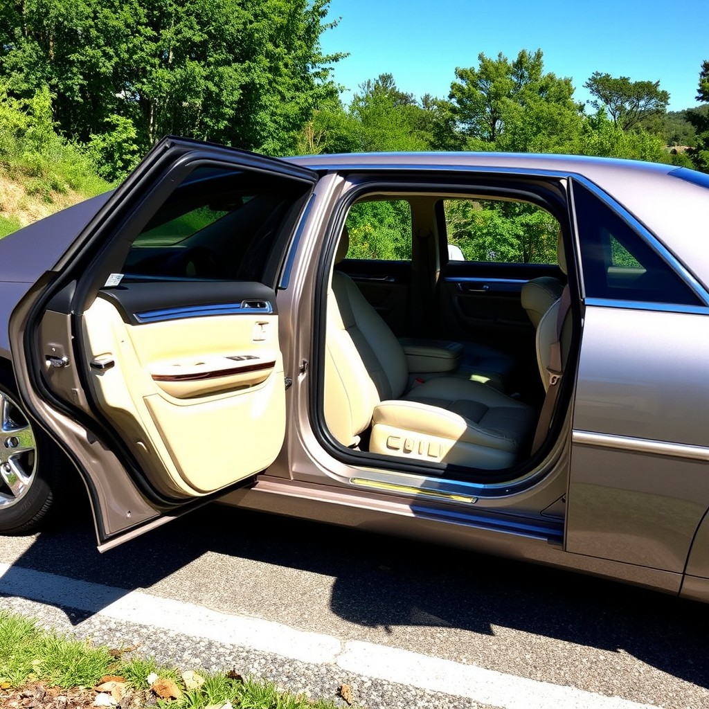 A stunning 2007 Cadillac DTS with its door wide open, showcasing a luxurious interior