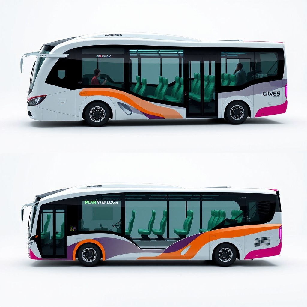 A commercial bus design that is completely unique and innovative, featuring a modern and streamlined body to enhance efficiency and aesthetics