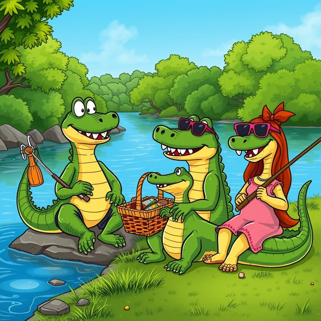 A cartoon family of crocodiles engaging in human activities, sitting by a riverbank, happily fishing together