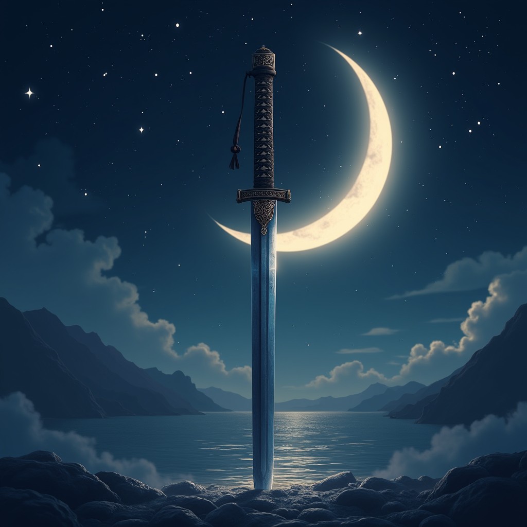 An artistic depiction of an 'odachi' (Japanese long sword) under a waning crescent moon