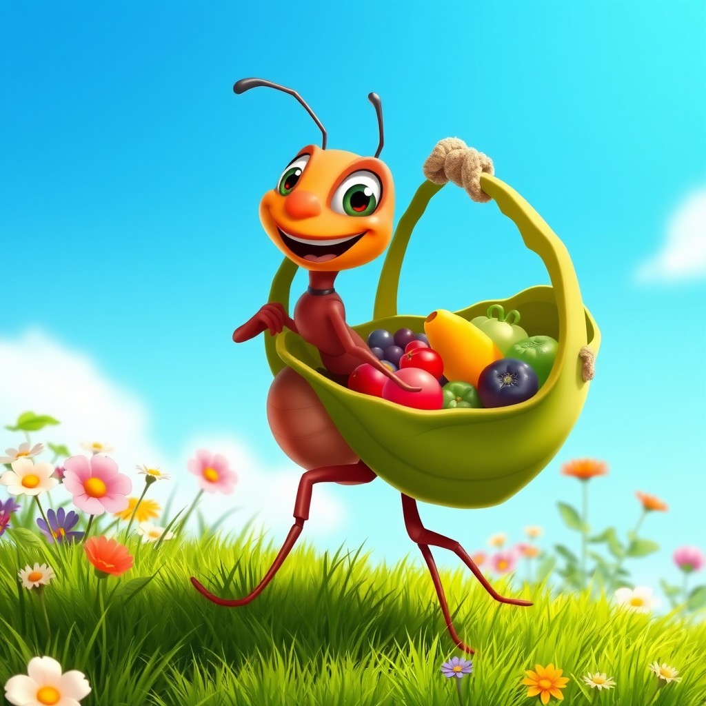 A cartoon ant joyfully carrying food in a leaf basket