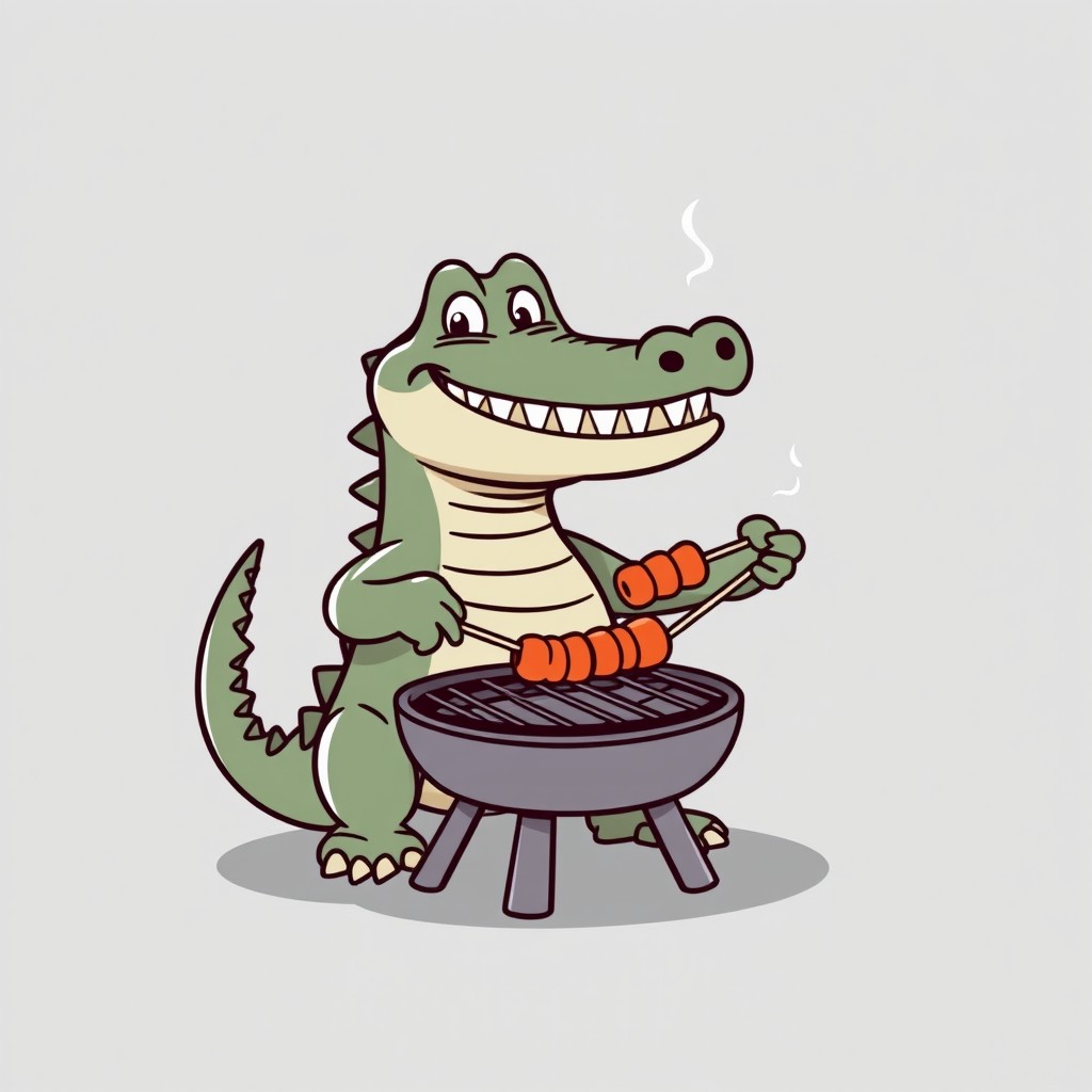 A cartoon crocodile joyfully grilling satay on a barbecue with a funny expression