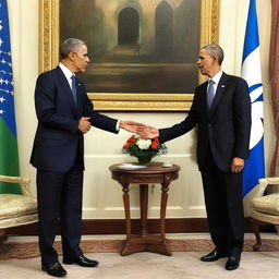 President Obama shaking hands with the President of Uzbekistan with the Uzbekistan flag in the background