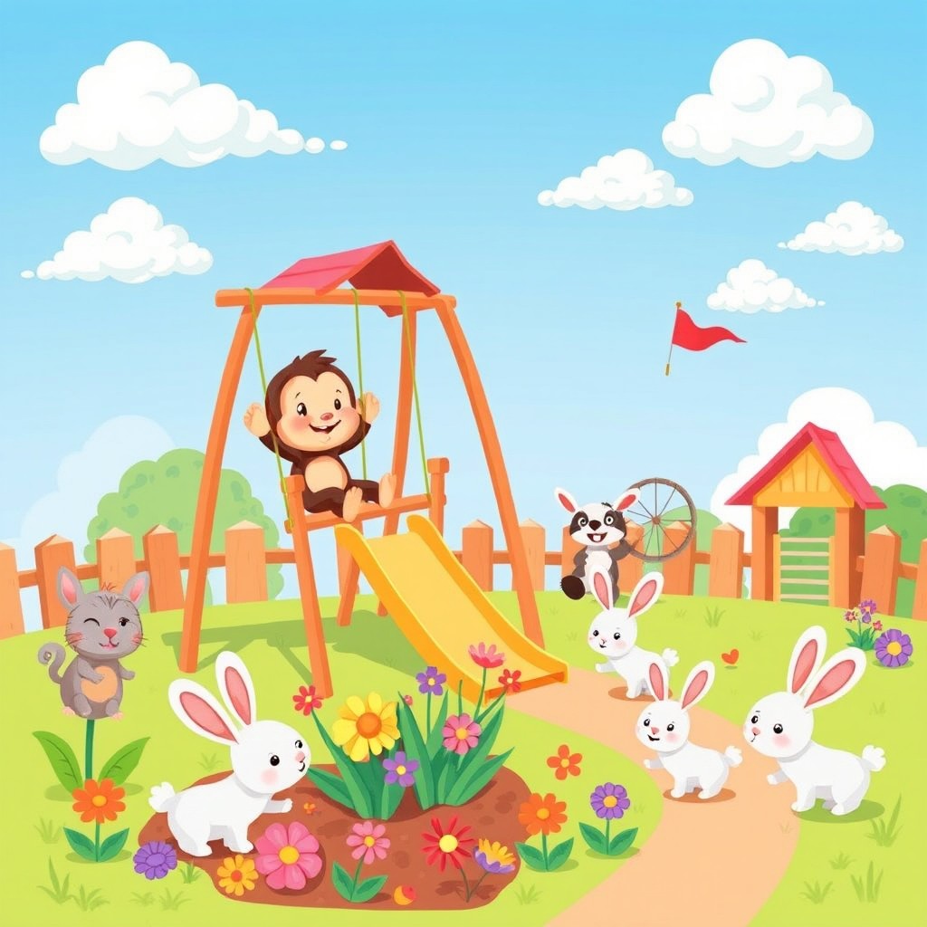 A whimsical illustration featuring adorable cartoon animals having fun in a colorful playground