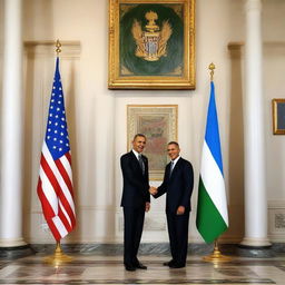 President Obama shaking hands with the President of Uzbekistan with the Uzbekistan flag in the background