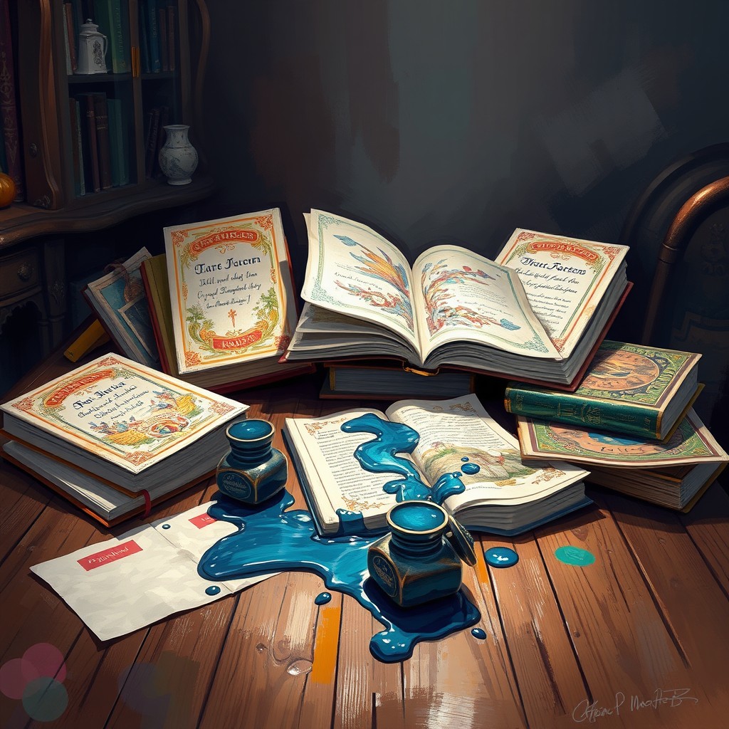 A beautiful abstract digital painting featuring an array of beautifully illustrated books and ink pots scattered on an elegant wooden table
