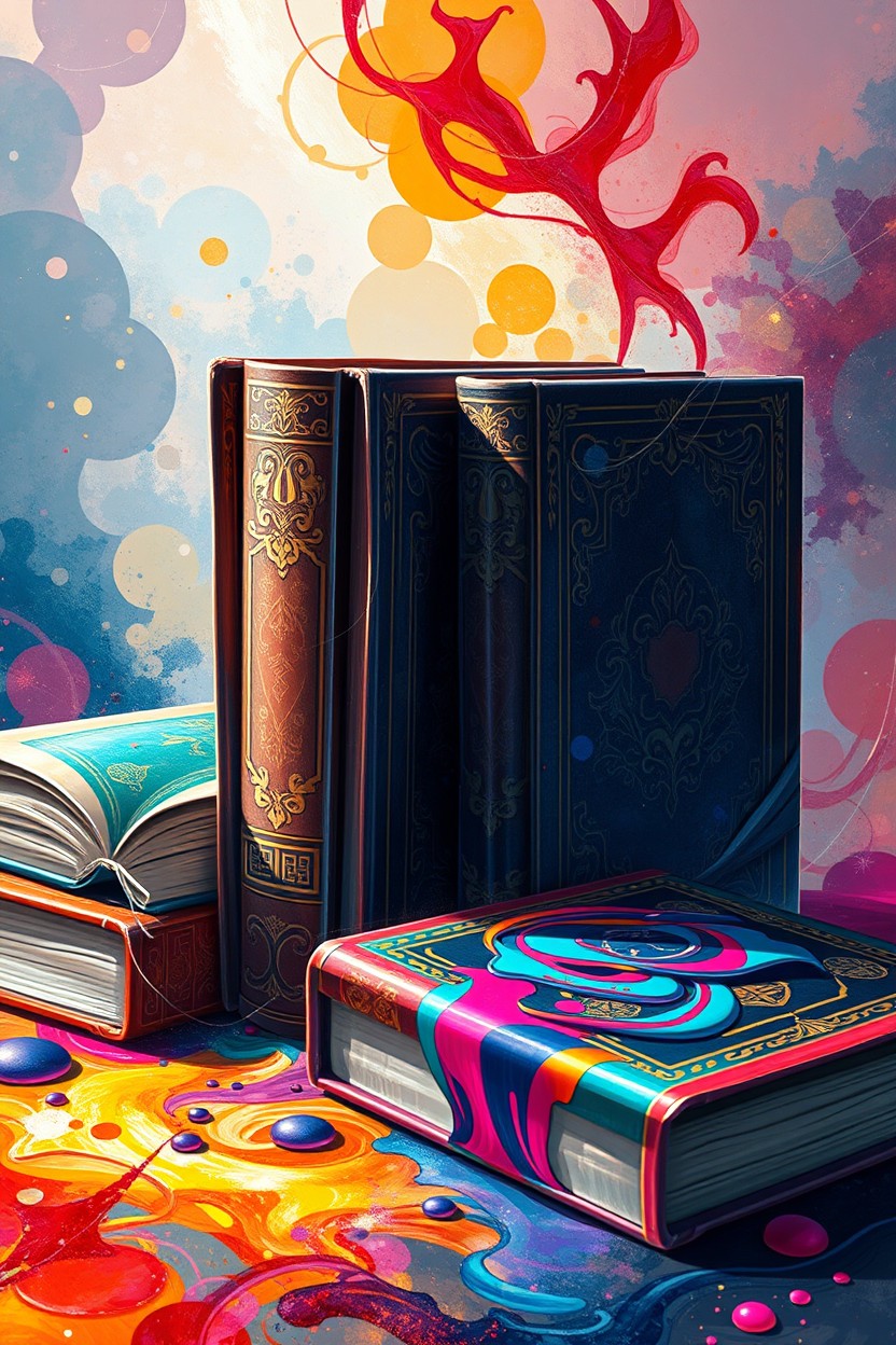 A stunning abstract digital painting that captures beautiful books with ornate covers and colorful ink elegantly arranged on an artistically designed table