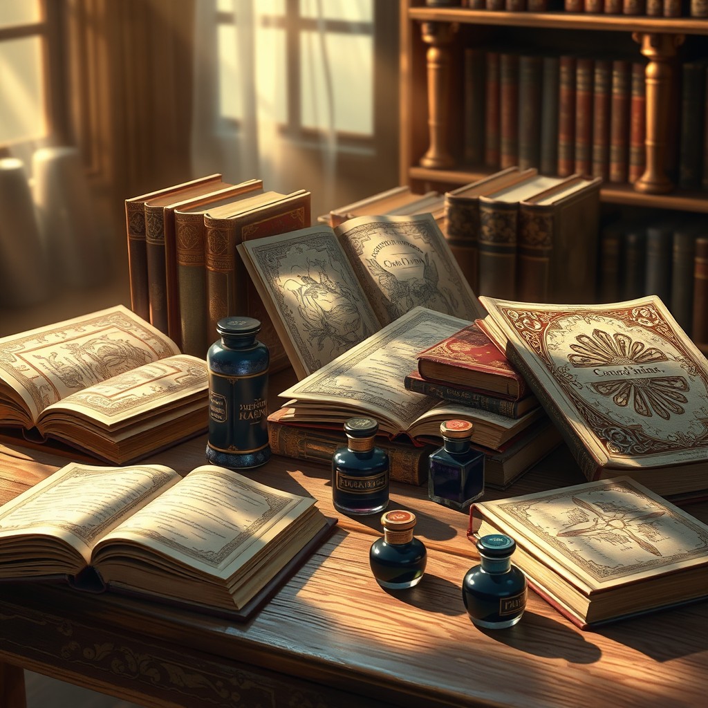 A stunning digital painting of an array of beautiful, ornate books and exquisite ink bottles artfully arranged on a wooden table