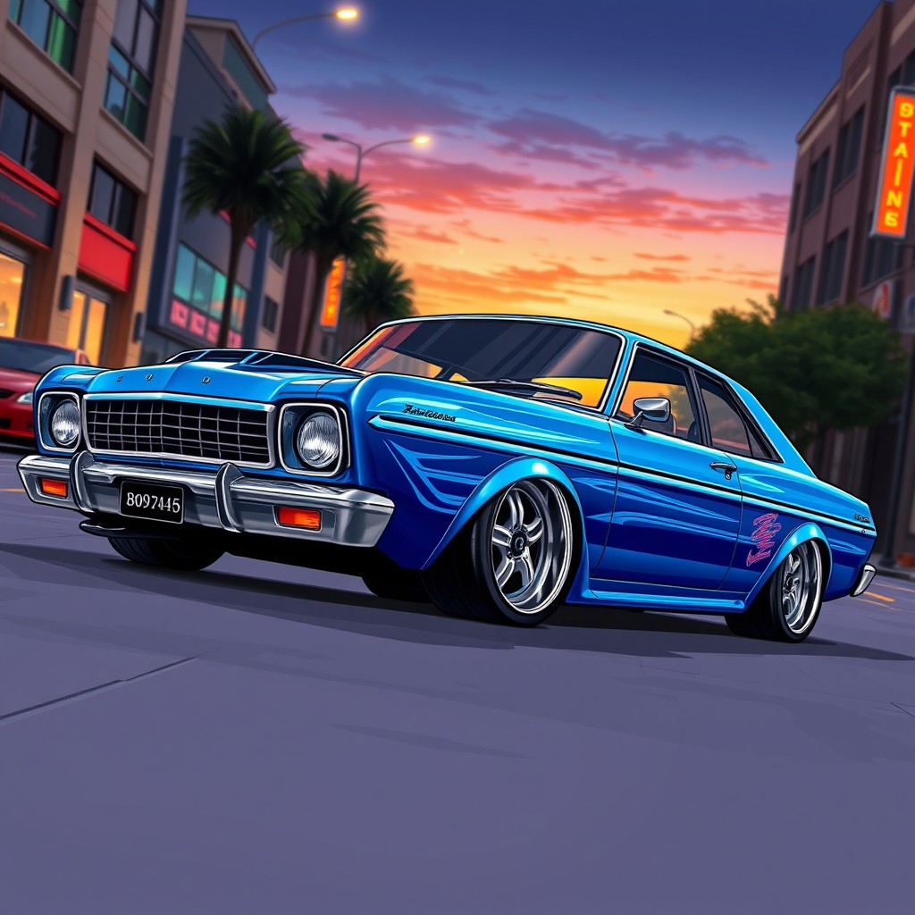 A highly detailed illustration of a blue Ford Fairmont Zephyr, showcasing its classic design with a sleek, aerodynamic body style