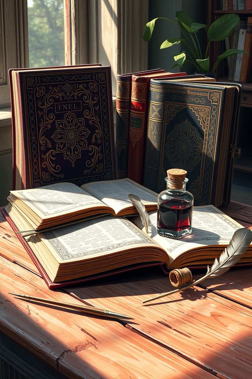 A beautiful digital painting featuring an arrangement of beautiful, intricately designed books and elegant ink bottles lying artistically on a rustic wooden table