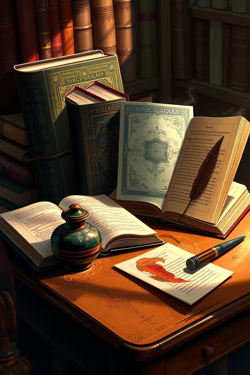 A beautiful digital painting featuring an elegant arrangement of beautiful books with intricate covers, some open to reveal their pages