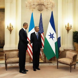 President Obama shaking hands with the President of Uzbekistan with the Uzbekistan flag in the background