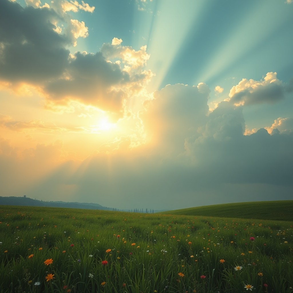 A serene and dreamy landscape depicting a vast sky filled with soft clouds of various shades, evoking a sense of nostalgia and return