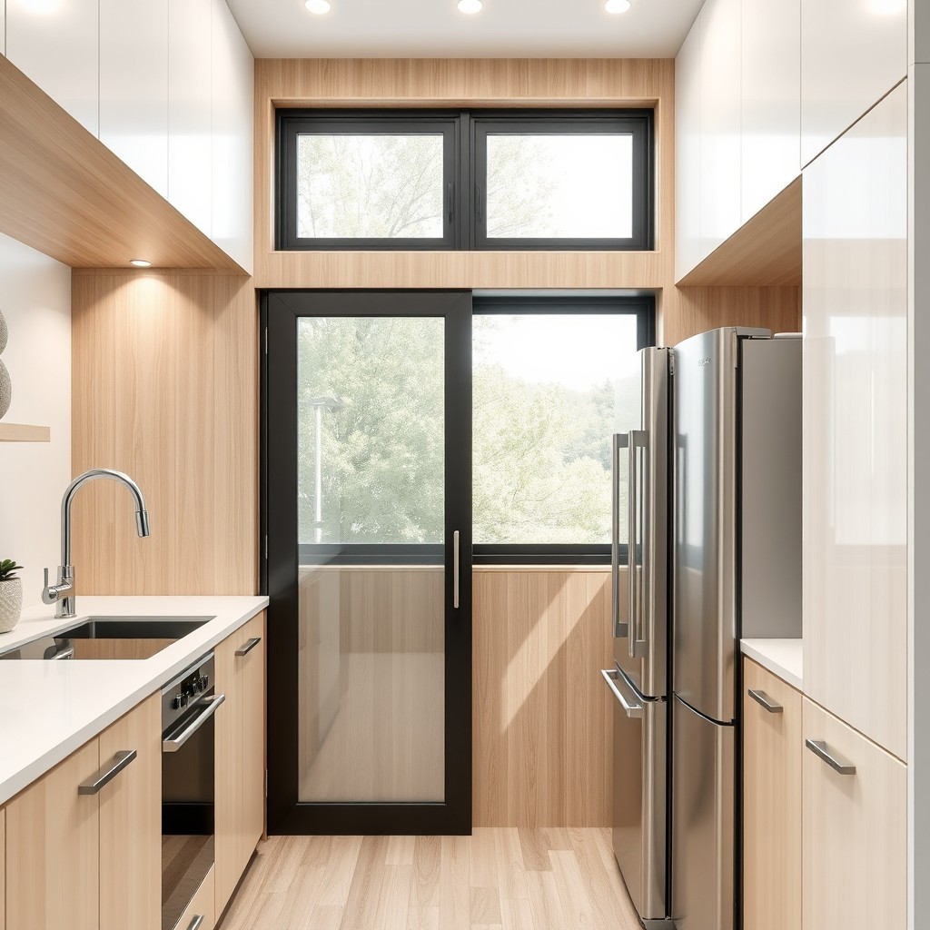A small, irregularly shaped kitchen design featuring a sliding glass door that cleverly conceals itself within the entrance wall