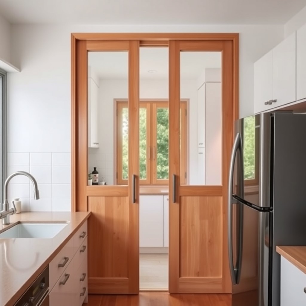 A small, irregular kitchen design featuring a wooden sliding door with glass panels at the front that can fold into the entrance wall