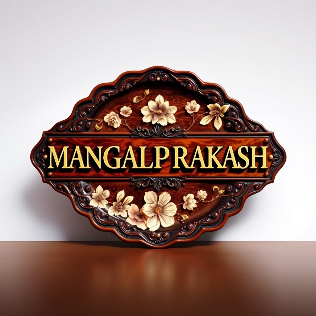 A beautifully designed nameplate featuring the word 'MANGALPRAKASH' in an elegant, artistic font