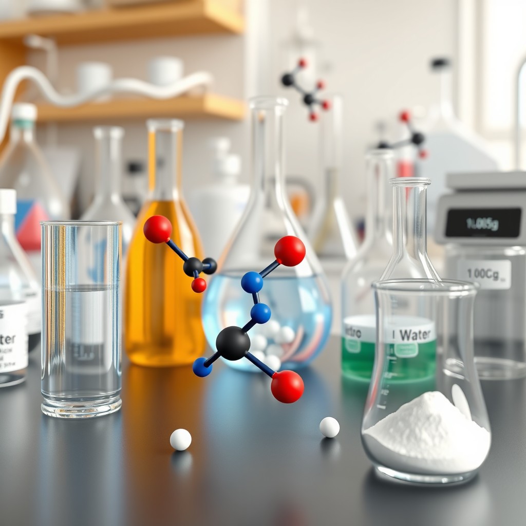 A detailed 3D scene of a chemical laboratory showcasing realistic representations of water, carbon dioxide, dioxygen, and dinitrogen molecules
