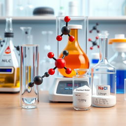 A detailed 3D scene of a chemical laboratory showcasing realistic representations of water, carbon dioxide, dioxygen, and dinitrogen molecules