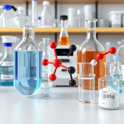 A detailed 3D scene of a chemical laboratory showcasing realistic representations of water, carbon dioxide, dioxygen, and dinitrogen molecules