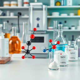 A detailed 3D scene of a chemical laboratory showcasing realistic representations of water, carbon dioxide, dioxygen, and dinitrogen molecules