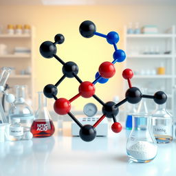 A highly detailed 3D scene of a chemical laboratory showcasing molecules of water, carbon dioxide, dioxygen, and dinitrogen
