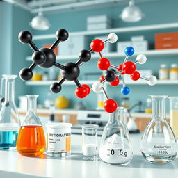 A highly detailed 3D scene of a chemical laboratory showcasing molecules of water, carbon dioxide, dioxygen, and dinitrogen