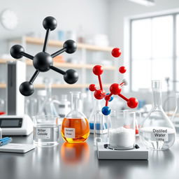A highly detailed 3D scene of a chemical laboratory showcasing molecules of water, carbon dioxide, dioxygen, and dinitrogen