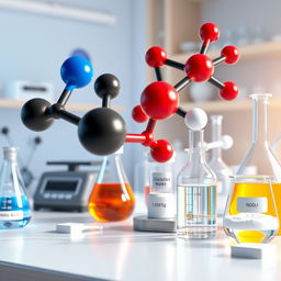 A highly detailed 3D scene of a chemical laboratory showcasing molecules of water, carbon dioxide, dioxygen, and dinitrogen