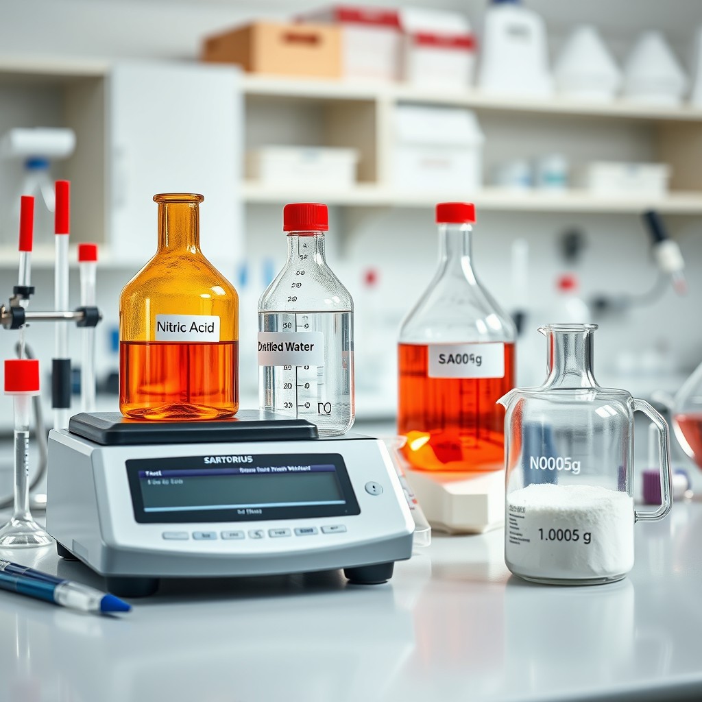 A detailed image of a chemical laboratory featuring a workbench with a SARTORIUS analytical balance prominently displayed